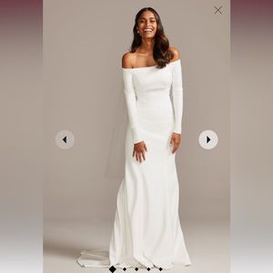 Unaltered David’s Bridal off the shoulder crepe wedding dress. Sz Missy 6